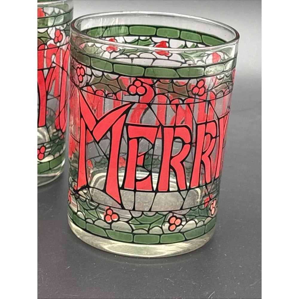 Set of 4 Vintage Cera Houze Merry Christmas Stained Glass Lowball Glasses MCM